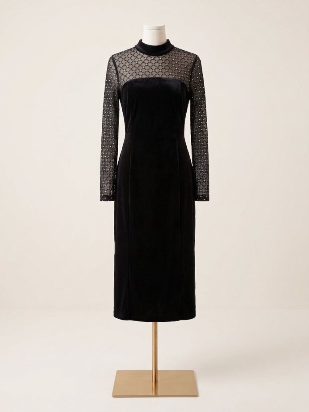 Eliza J Black Velvet Mock Neck Studded Lattice Mesh Sheath Midi Dress Size 6